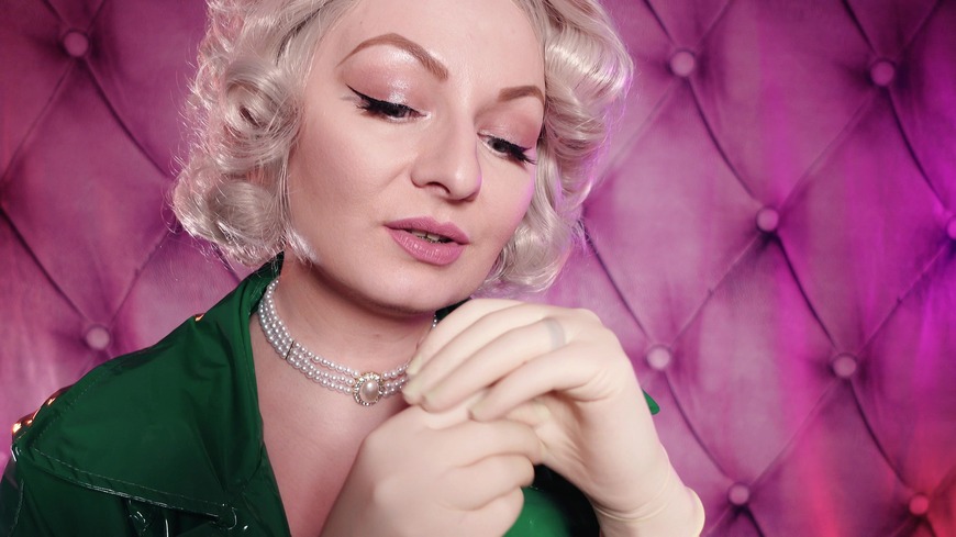 ASMR: latex medical gloves and green PVC coat - sexy pin up MILF Glaminatrix Arya Grander - free vid - clip coverforeground