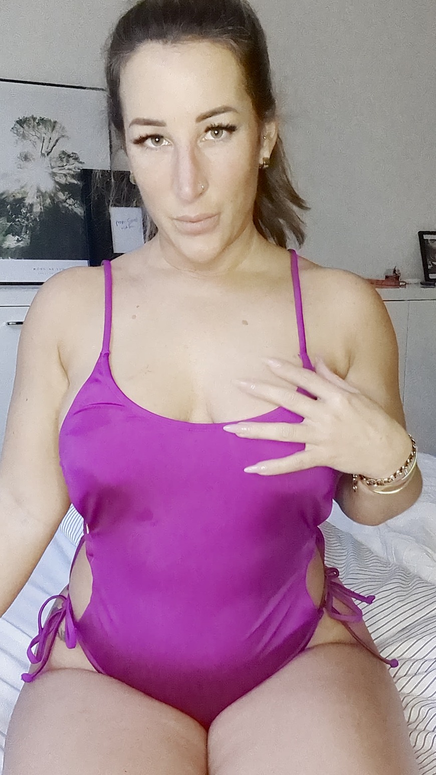 Watch me as I tease you on camera... slowly pulling down my strap, revealing my big, perfect tits. 🍒💦 See me squeeze them, so soft and seductive, just for you baby. - clip coverforeground