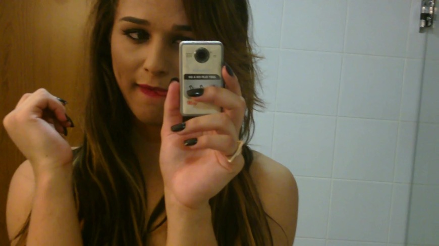 Sexy amateur tgirl Felipa Lins selfie video being sexy on the mirro with small camera - clip coverforeground