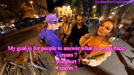 My hottest incredible cumwalk video! "Can you tell what's on my face? Cream, yogurt or sperm?" - Interview on the street with cum on my face 😍