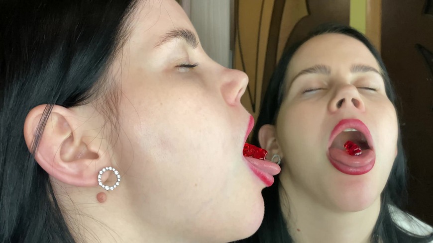 Giantess eats gummy bears and a toy. 4K - clip coverforeground