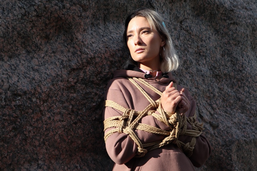 Sofi_ tied up in the park on a stone background - clip coverforeground