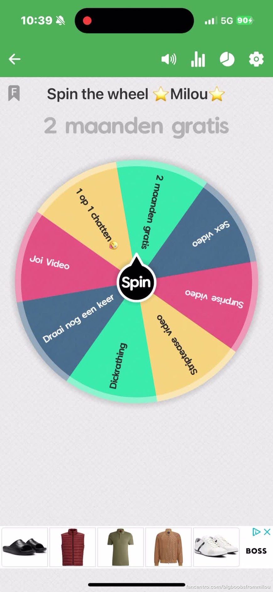 Vandaag weer gelukkige winnaars met spin the wheel. 

Stuur via de chat een tip van €20 voor 1 draai aan het wiel. 
Wil je 3x draaien en dus 3 prijzen winnen..
Ook dat is mogelijk.. voor €50 mag je dan 3 keer aan Milou’s rad draaien 😜.
Welke prijs /  1foreground