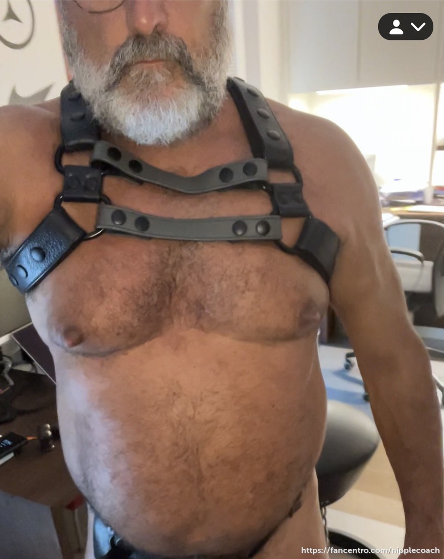 Daddy pumping cock and balls in leather harness