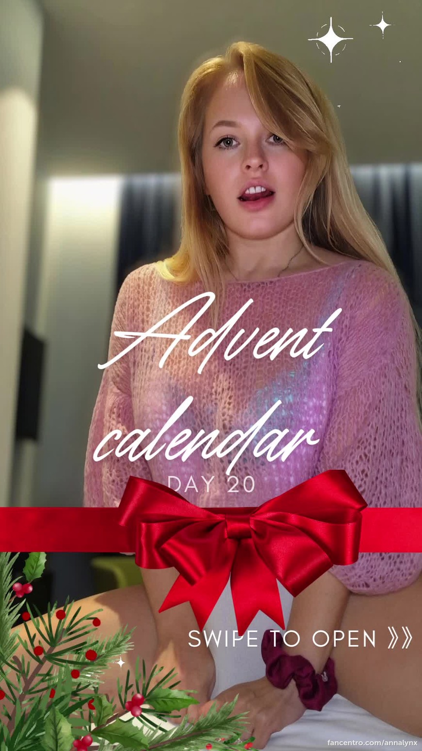 Day 20 of my Advent calendar and I'm feeling festive in my handmade pink sweater 🔥! But what's under the sweater is what really matters... 😉 Flashing you a sneak peek of my lace bra, just because I can 💋❤️‍🔥. Want to see more? 😉 Check out my exclusive PPV 1foreground